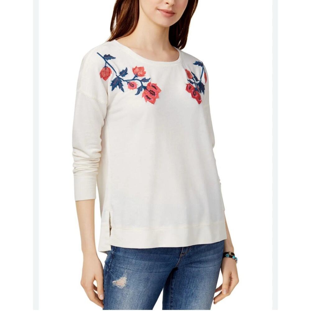 Lucky Brand Cream Floral Embroidered Lightweight French Terry Sweatshirt Sz S